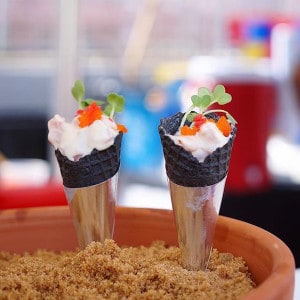 Spicy Larb Salmon in Squid Ink Cones