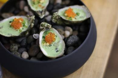 Citrin’s Oyster with fermented cucumber, roe, celtuce, green apple, and creme anglaise